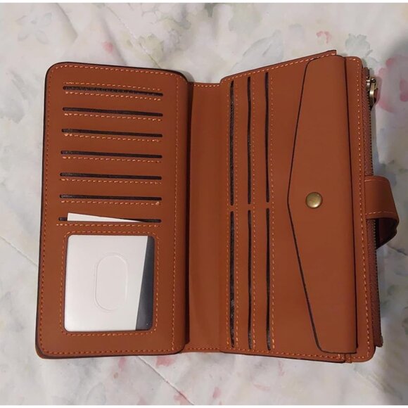 New Luxury Waxed Leather RFID Wallet for Women Large Capacity Clutch - Tan - Picture 2 of 9